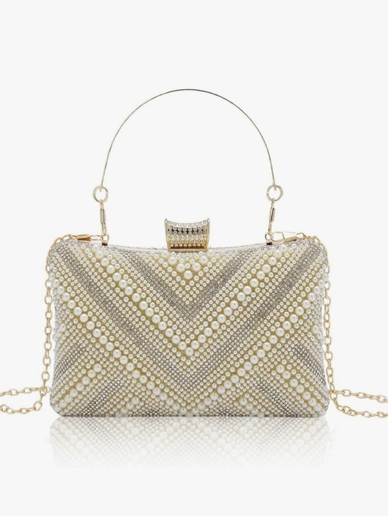 S Susan Handbags - Beaded Pearl Chevron Evening Clutch - Gold Bridal